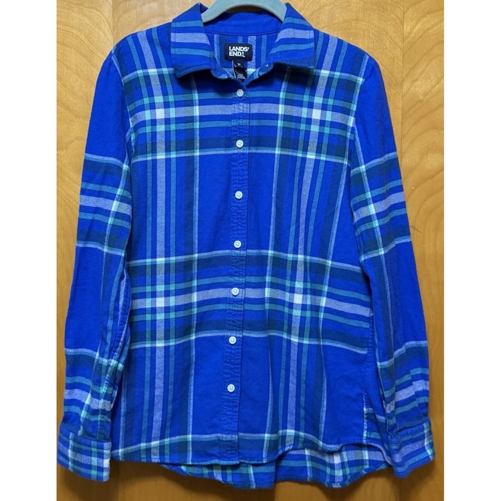 Lands' End Womens Boyfriend fit Flannel Shirt‎ Top Button Up Blue Green Plaid M